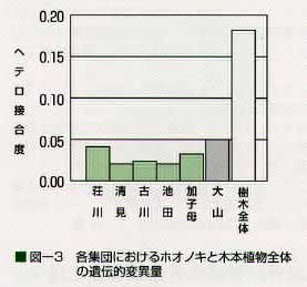 図３　各集団におけるホオノキと木本植物全体の遺伝的変異量