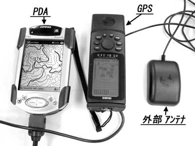 図１　GPSとPDA（GARMAP表示画面）