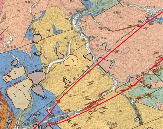 図2.地質図Naviで複数の地図情報を重ねて表示した例