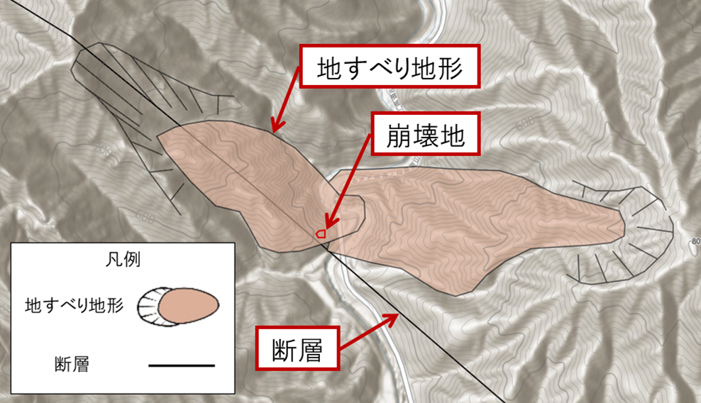 図2 崩壊地付近の断層と地すべり地形（ぎふ森林情報WebMAPの地図から作成）