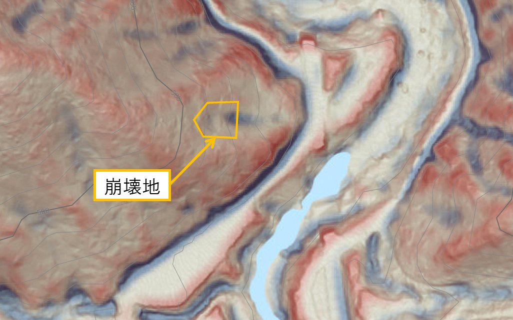 図3 崩壊地付近のCS立体図（ぎふ森林情報WebMAPの地図から作成）